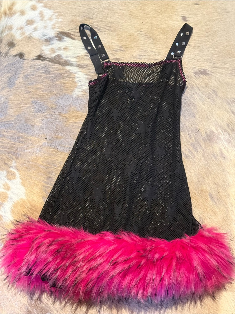 Upcycled Current Mood Dolls Kill Custom Pink Faux Fur Star Mesh Mini Dress XS